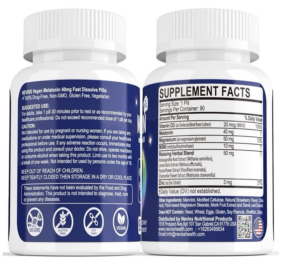 2 Pack NEVISS Melatonin 40 mg With MSM, Magnesium, Vitamin D3 Fast Acting