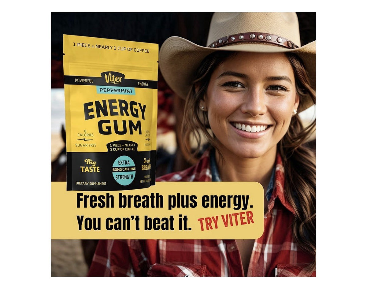 Viter Energy Gum Peppermint Vitamin B3 B6 B9 B12 Caffeinated Total 180 Pieces