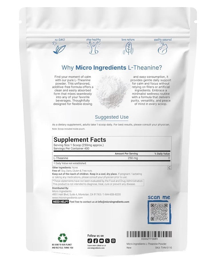 Micro Ingredients Pure L-Theanine Powder Plant Based 100 Grams 1 Year Supply