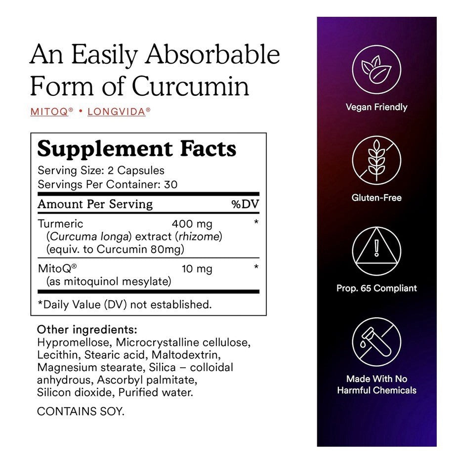 MitoQ For Cell Vitality Curcumin Cellular Dietary Supplement 60 Capsules