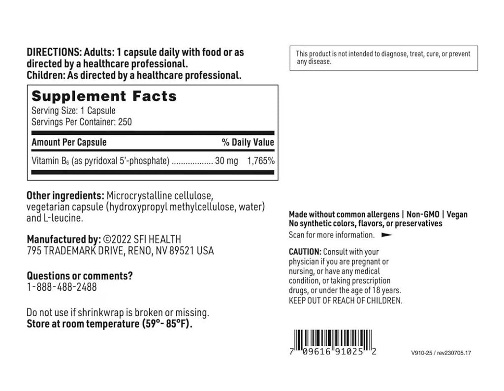 SFI Health P-5-P Active Form Of Vitamin B6 30 Milligrams Bioactive 250 Capsules
