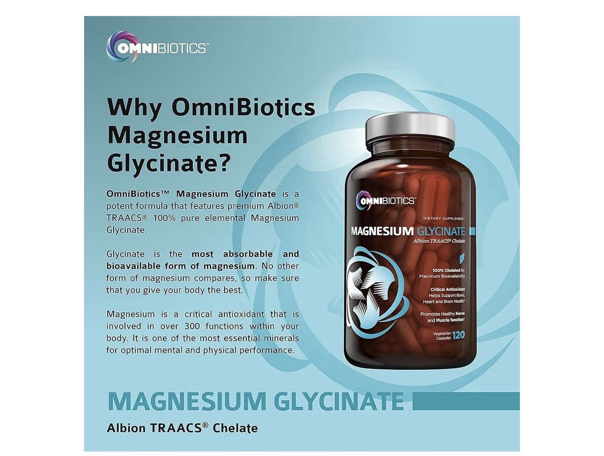 OmniBiotics Magnesium Glycinate Supplement 200mg 100% Chelated Pure 120 Capsules