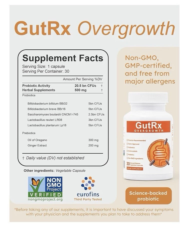 Overgrowth Probiotics Gut Digestive Health Support for Women and Men 30 Capsules