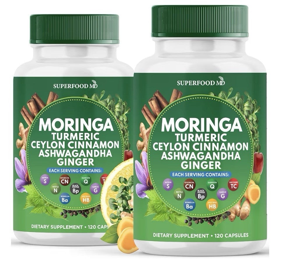 2 Packs Superfood MD Moringa Supplement Turmeric Ginger Boswellia Saffron Basil