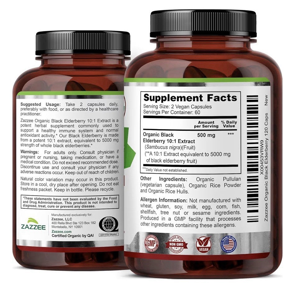 Zazzee Black Elderberry Supports Immune Antioxidant Activity 2Month Supply 120ca