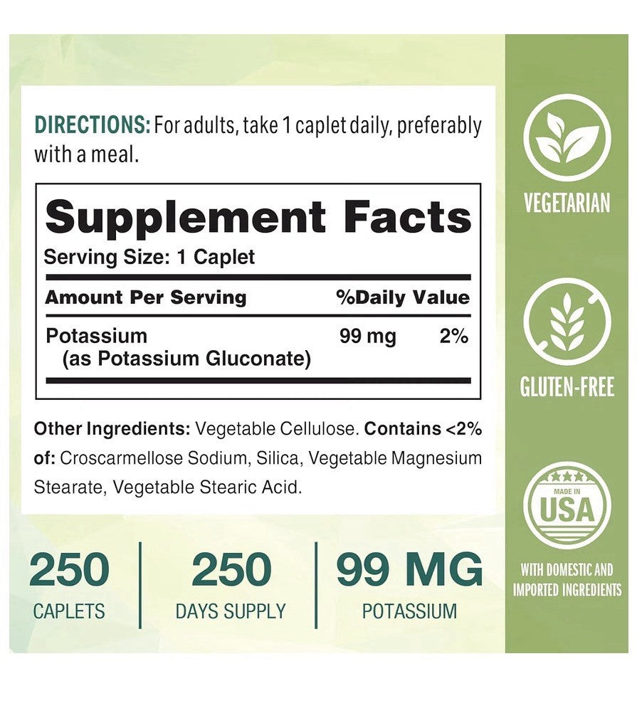 Vitamin World Potassium 99 mg Electrolyte Support Potassium Gluconate 250caplets
