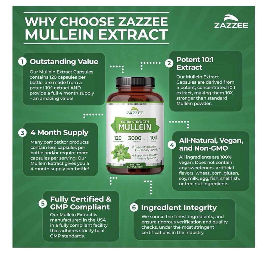 Zazzee Mullein Leaf Support Healthy Respiratory Lung Immune 4Month Supply 120cap