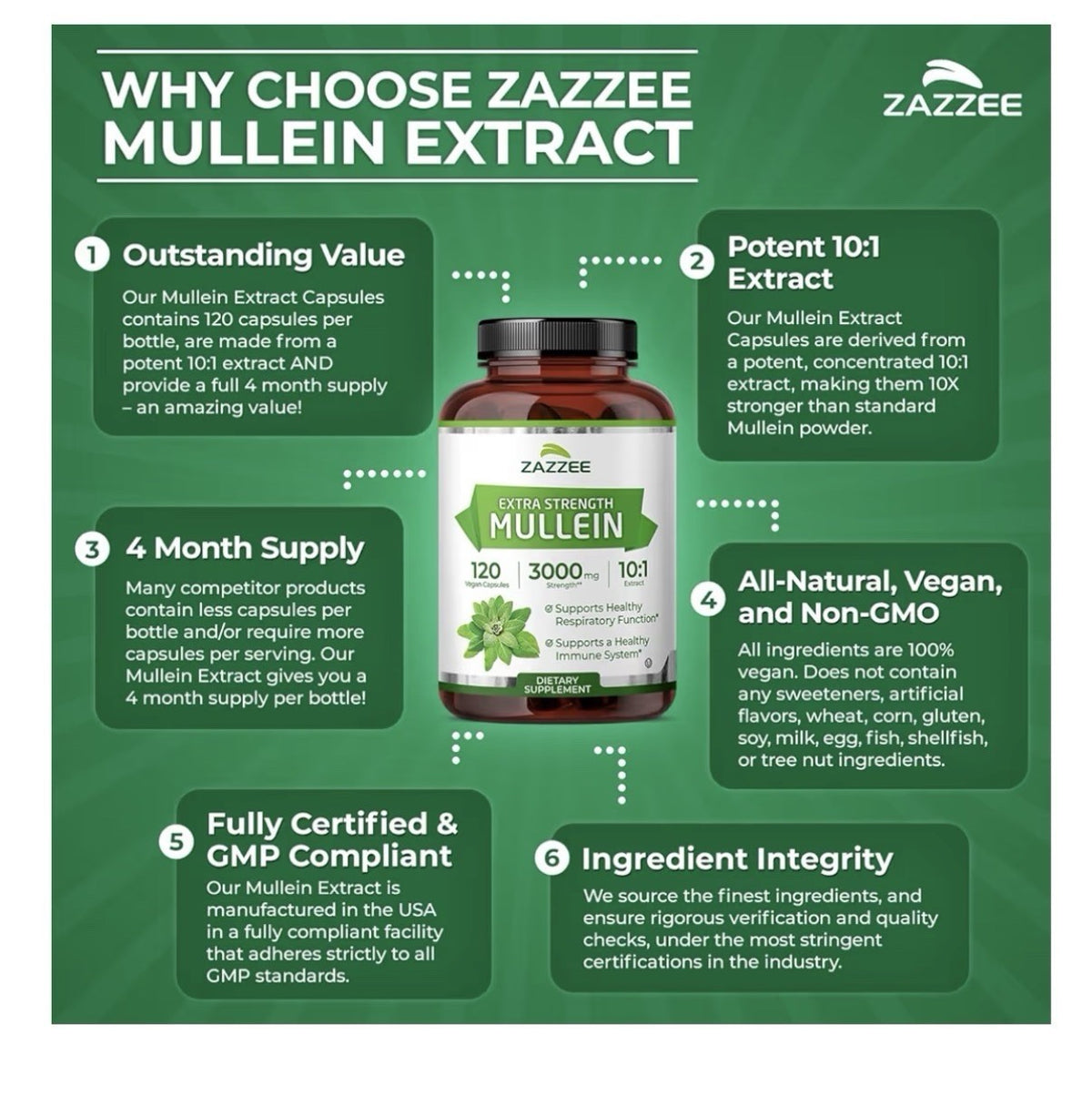 Zazzee Mullein Leaf Support Healthy Respiratory Lung Immune 4Month Supply 120cap