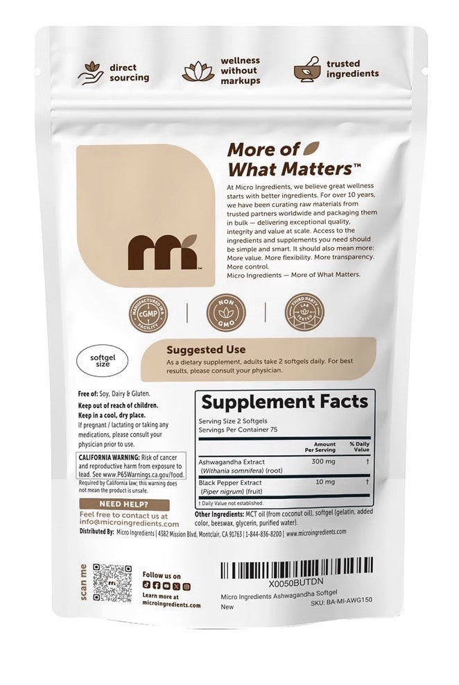 Micro Ingredients Ashwagandha Highly Bioavailability Made With Macao Oil 150sgel