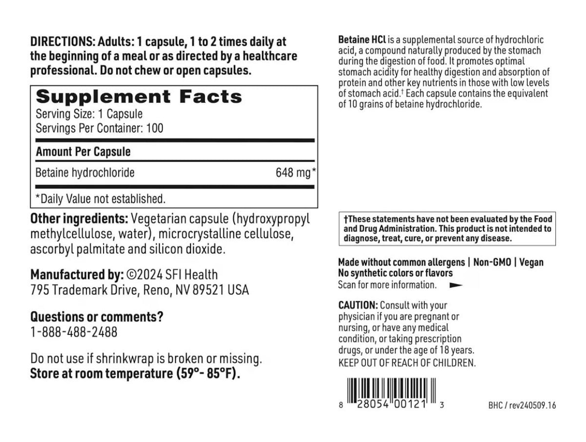 SFI Health Betaine HCl Supports Digestive Function Healthy Gastric Function 100c