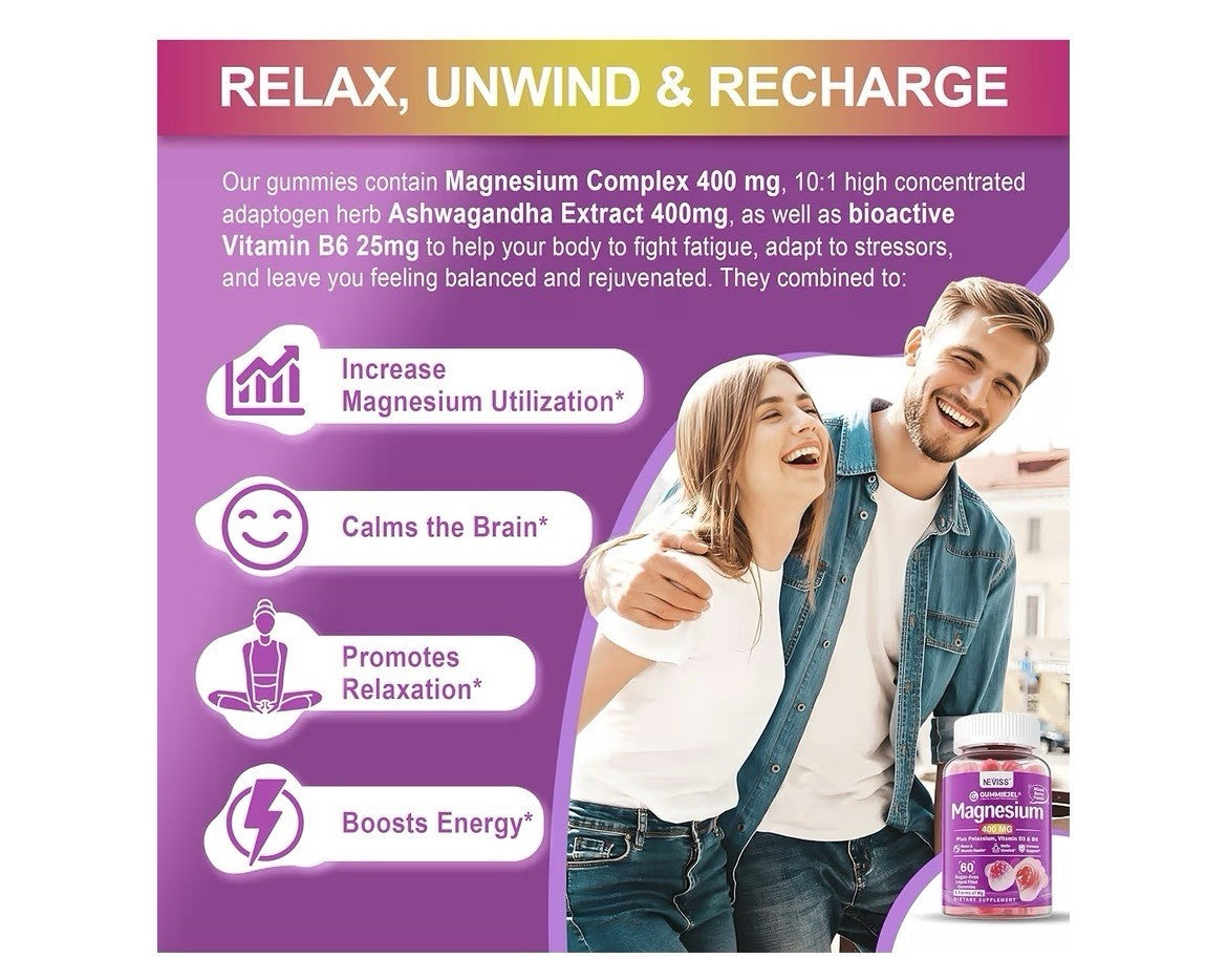 NEVISS Magnesium Glycinate 400 MG Plus Potassium Vitamin D3 & B6 Adults 60 gummy