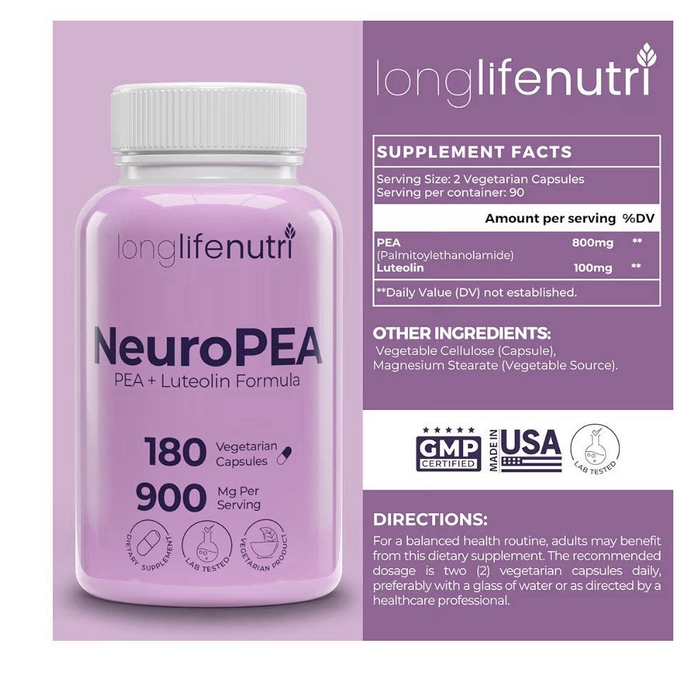 LongLifeNutri NeuroPEA PEA + Luteolin Formula Palmitoylethanolamide 180 Capsules