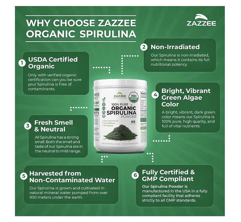 Zazzee Organic Spirulina Powder Pure Superfood 8 oz 68 Servings