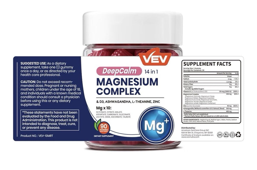 VEV Magnesium Complex Deep Calm 14 in 1 Glycinate Citrate Malate 90 Gummies