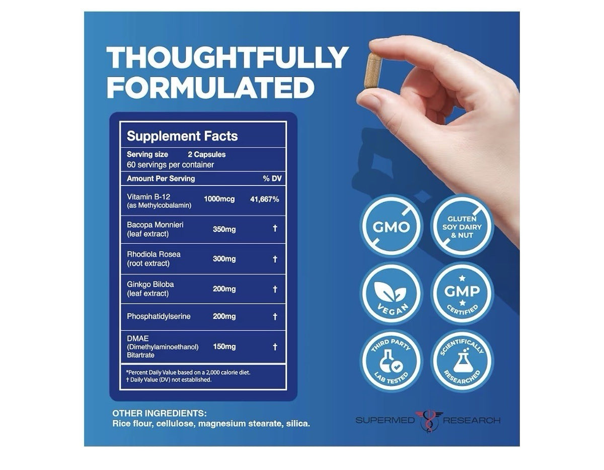 Supermed Research Midfull Clarity Elevate Your Mind Focus Brain Supplement 120ca