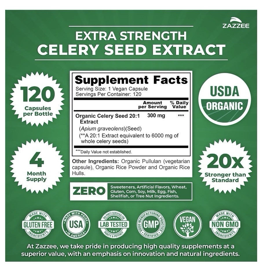 Zazzee Organic Celery Seed Uric Acid Support Joint Health Circulatory 120Capsule