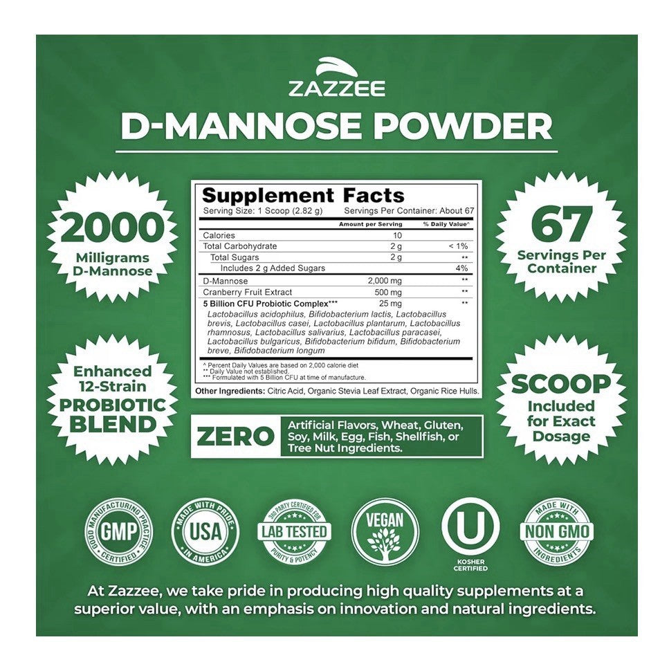 Zazzee D-Mannose Powder Plus With Cranberry & Probiotics 2000 mg 67 Servings