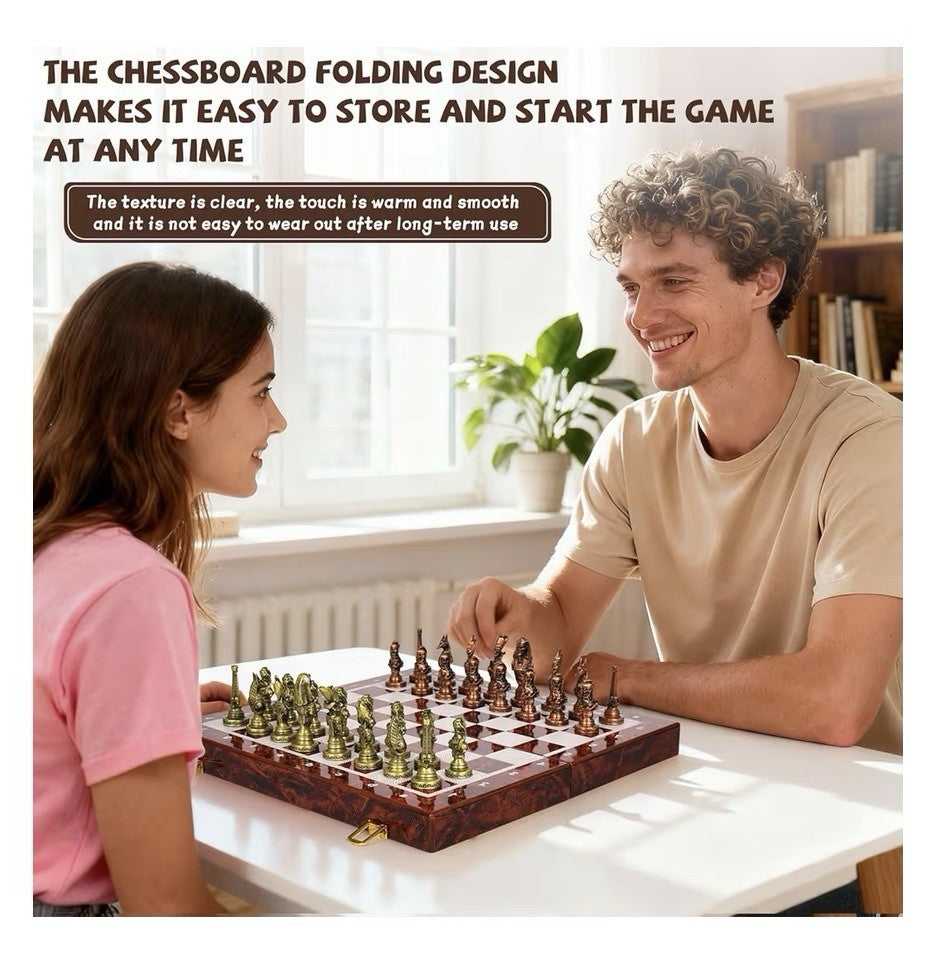 Agirlgle Large Egyptian Metal Chess Set for Adults 15 Inch Foldable Wooden Board