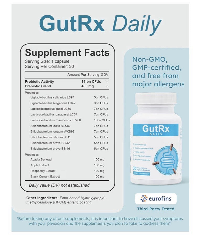 GutRX Daily Probiotics Digestive Gut Health for Women & Men 30 Capsules