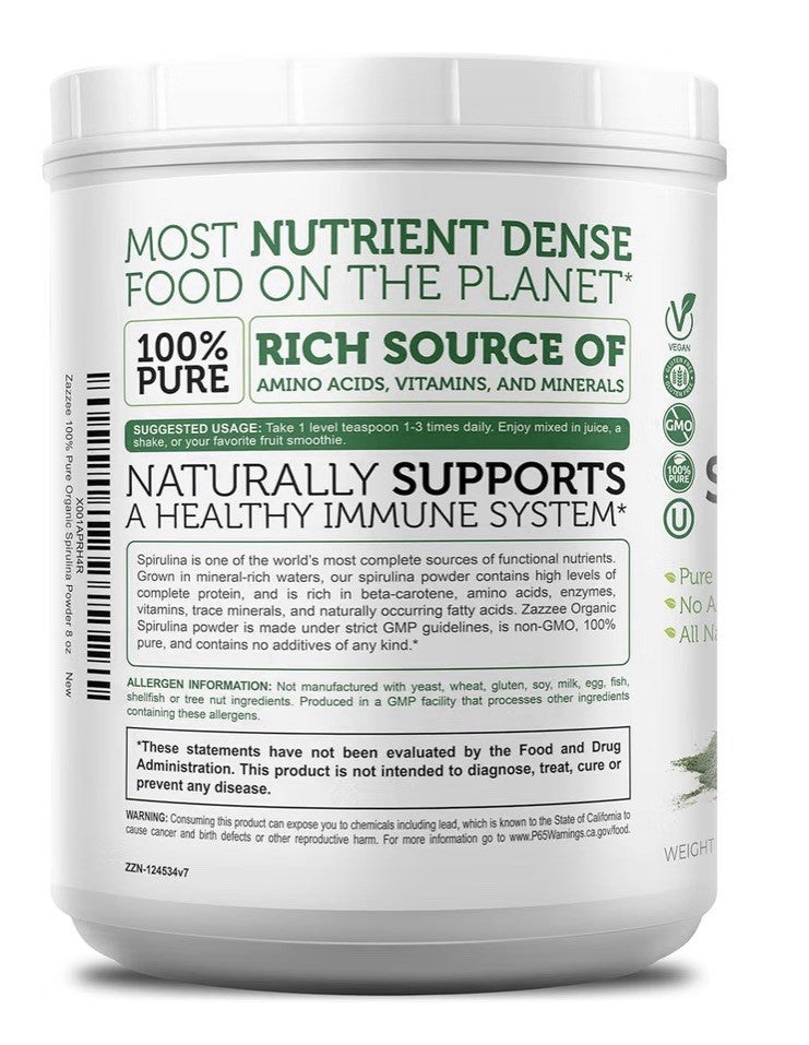 Zazzee Organic Spirulina Powder Pure Superfood 8 oz 68 Servings