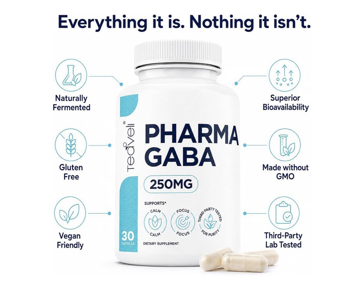 Teaveli Pharma GABA 250mg Calm Relaxation Focus Sleep Fermented GABA 30 Capsules