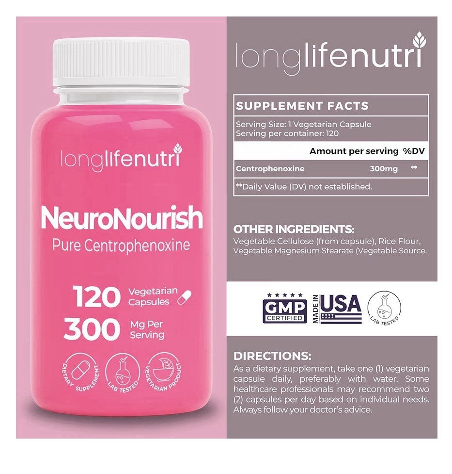 LongLifeNutri NeuroNourish (Centrophenoxine) 300mg DMAE & PCPA 120 Capsules