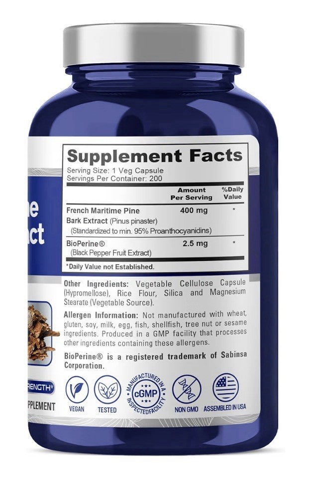 NusaPure French Maritime Pine Bark Extract 400mg 200 Veg Capsules 200 Servings