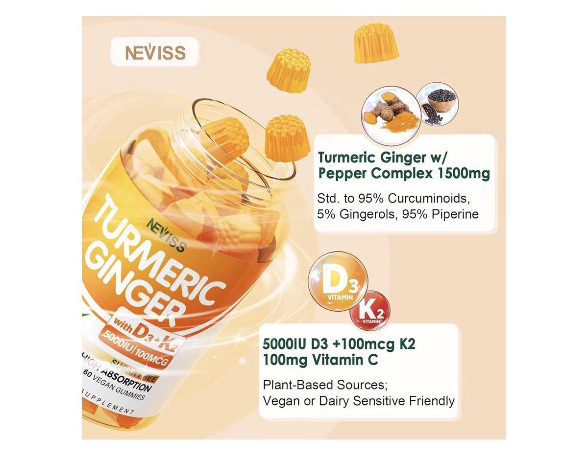 Neviss Turmeric Ginger Gummies with Vitamin D3 K2 For Women & Men 60 Gummies