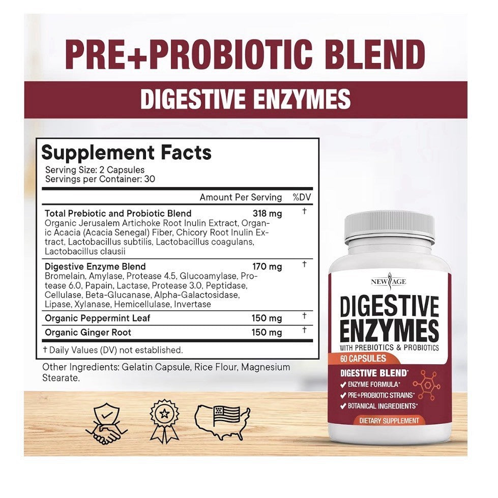 NEW AGE Digestive Enzymes for Gut Digestive Health Probiotic Prebiotics 2 Pack