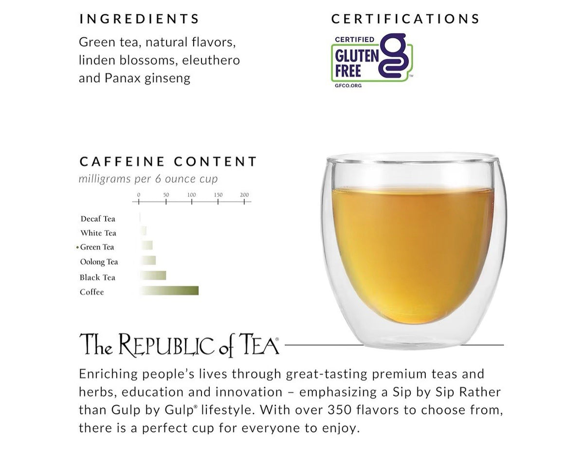 The Republic of Tea Honey Ginseng Green Tea 50 Tea Bags Tin Flavored Caffeinated
