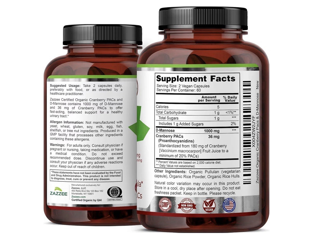 Zazzee Cranberry PACs & D-Mannose Urinary Tract Bladder Support 2 Month Supply