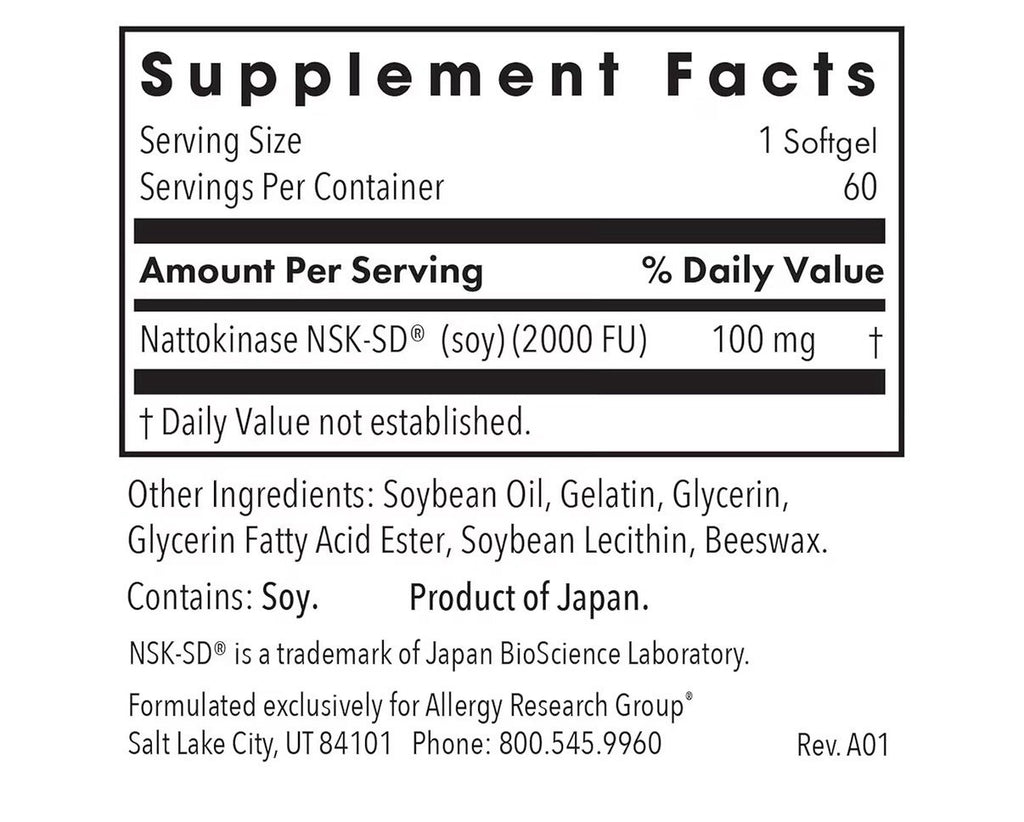 Allergy Research Group Nattokinase 100 mg Circularity Support 2000 FU 60 Softgel