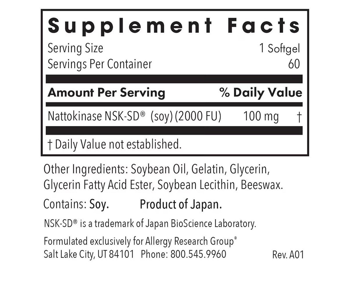 Allergy Research Group Nattokinase 100 mg Circularity Support 2000 FU 60 Softgel