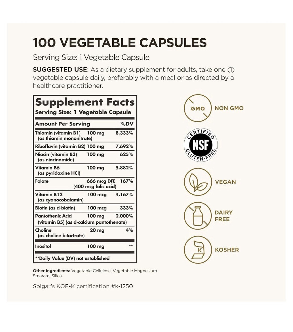 Solgar B-Complex "100" Nervous System Support Energy Metabolism 100 Capsules