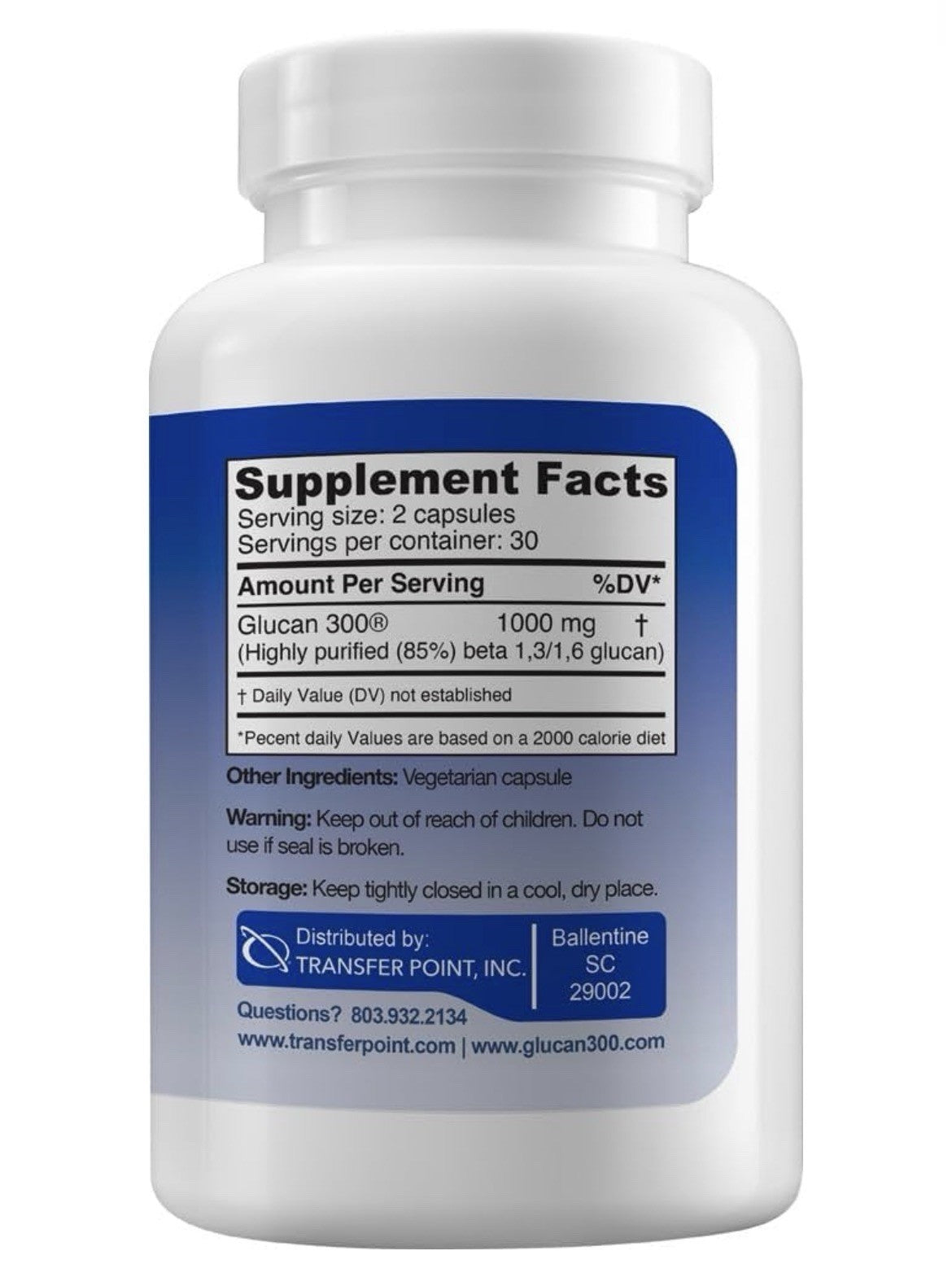 Transfer Point Beta 1,3D Glucan Immune Support 500 mg Dietary Supplement 60 Caps