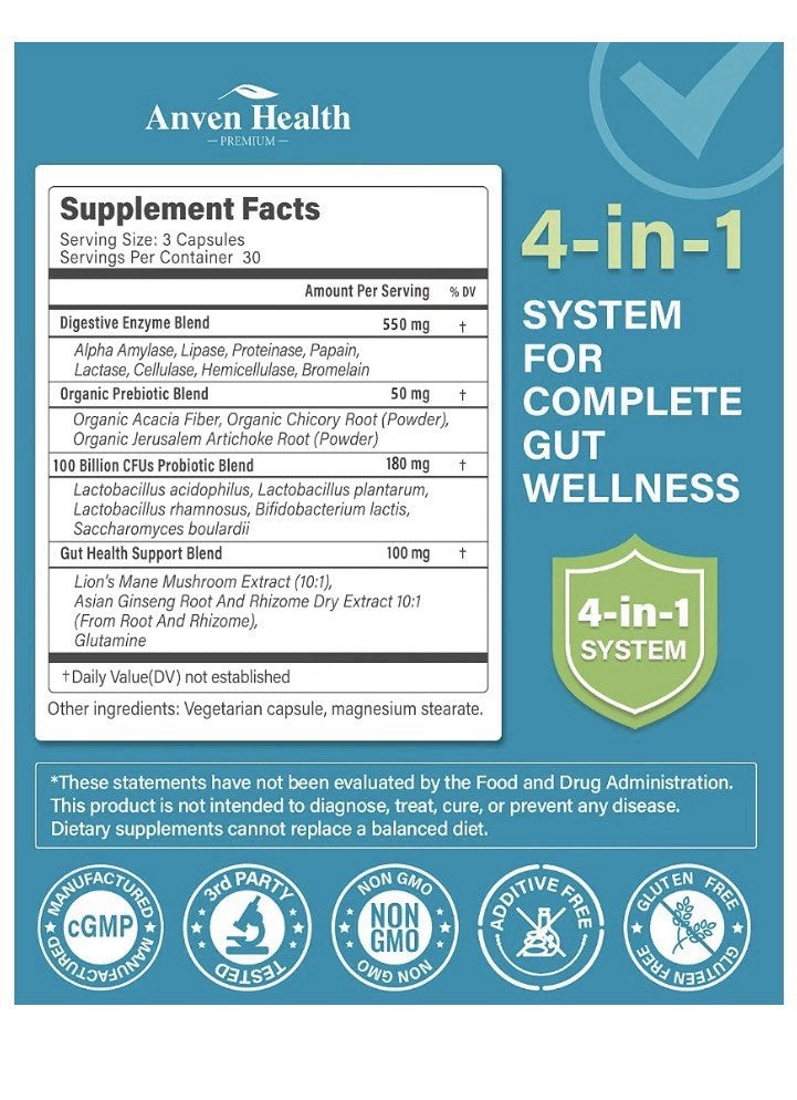 3Pack Anven Health Digestive Enzymes 1 in 4 Digestive Formula Men & Women 100CFU