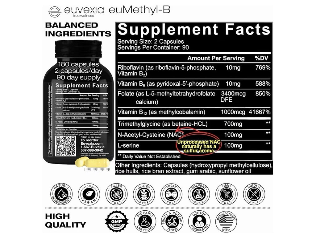 Euvexia euMethyl-B Methylated B Complex Vitamins Riboflavin B6 B12 Folate 180Cap