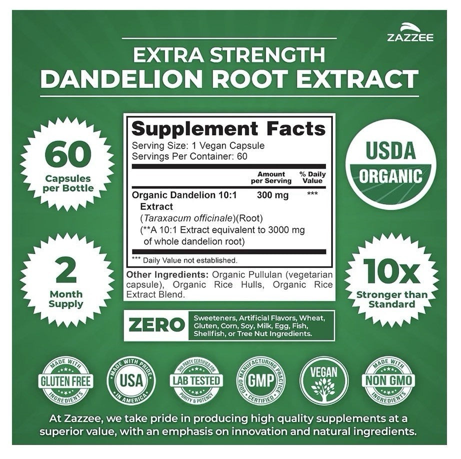 Zazzee Dandelion Root Digestive Water Balance Liver Support 2 Month Supply 60cap