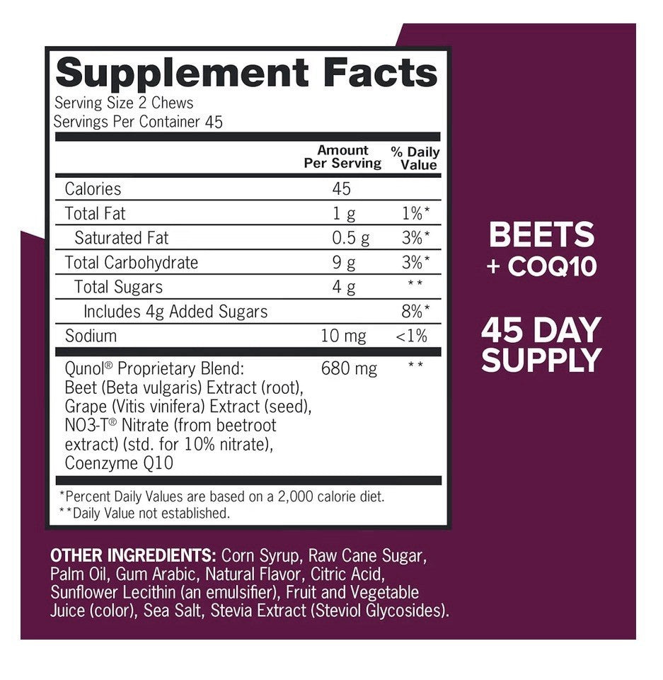 Qunol Blood Pressure Support Beet with CoQ10 Heart Circulation Health 90 Chews