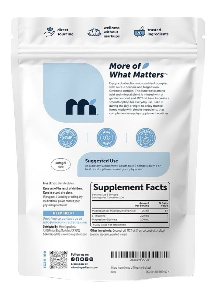 Micro Ingredients L-theanine 200mg Per Serving + Magnesium Glycinate 400 Softgel