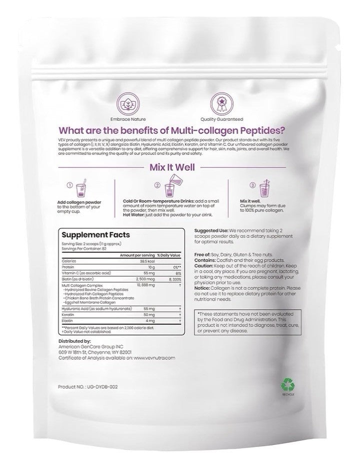 VEV Multi Collagen Peptides Powder Types I, II, III, V & X Unflavored 82 Serving