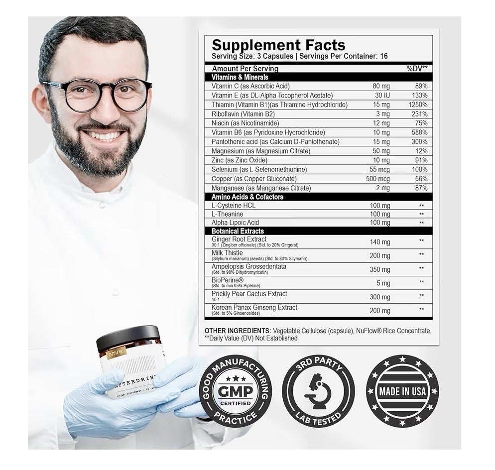 omre AfterDrink Restore Pills Liver Support Better Mornings USA Made 48 Capsules