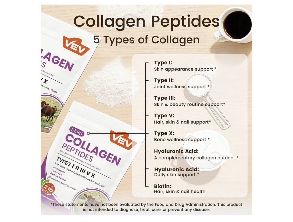 VEV Multi Collagen Peptides Powder Types I, II, III, V & X Unflavored 82 Serving