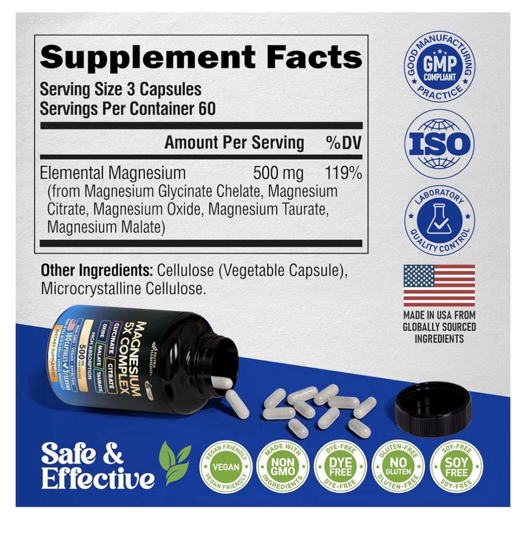 NUTRAHARMONY Magnesium 5x Complex 500mg High Absorption Supplement 180 Capsules
