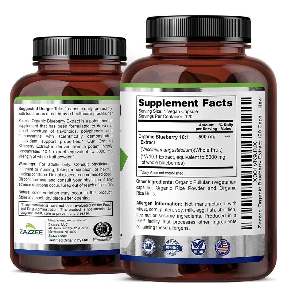 Zazzee Organic Blueberry Supports Immune Antioxidant Cellular 4Month Supply 120c
