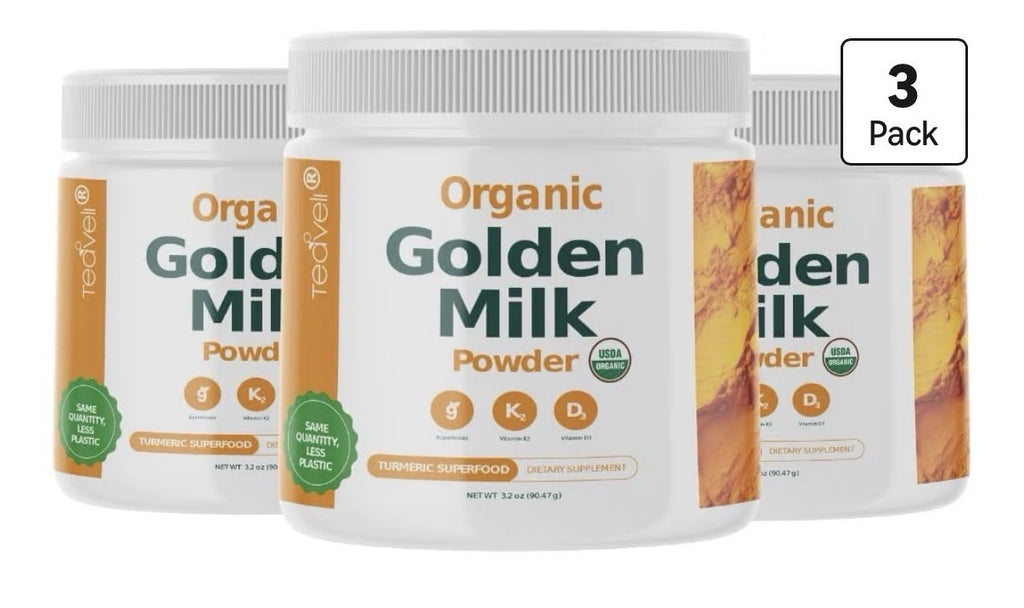 Teaveli Organic Golden Milk Powder with Turmeric Ginger Curcumin Tusli 3 Pack