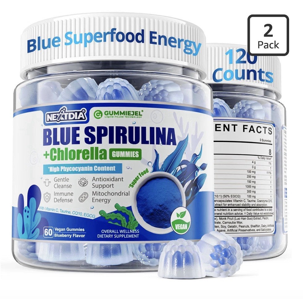 2 Pack Nextdia Blue Spirulina + Chlorella Gummies High Phycocyanin Content