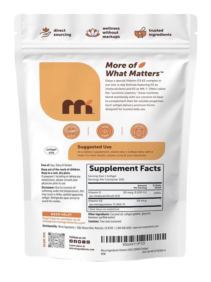 Micro Ingredients Vitamin D3 & K2 2,000 IU D3 K2 MK-7 50 mcg 300 Softgels