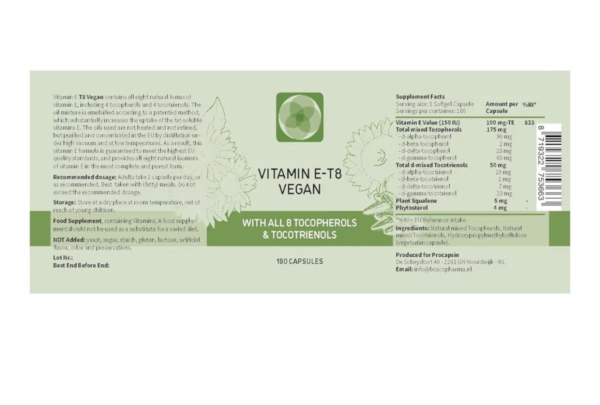 Procapsin Vitamin E-T8 with All 8 Tocopherols and Tocotrienols 180 Capsules