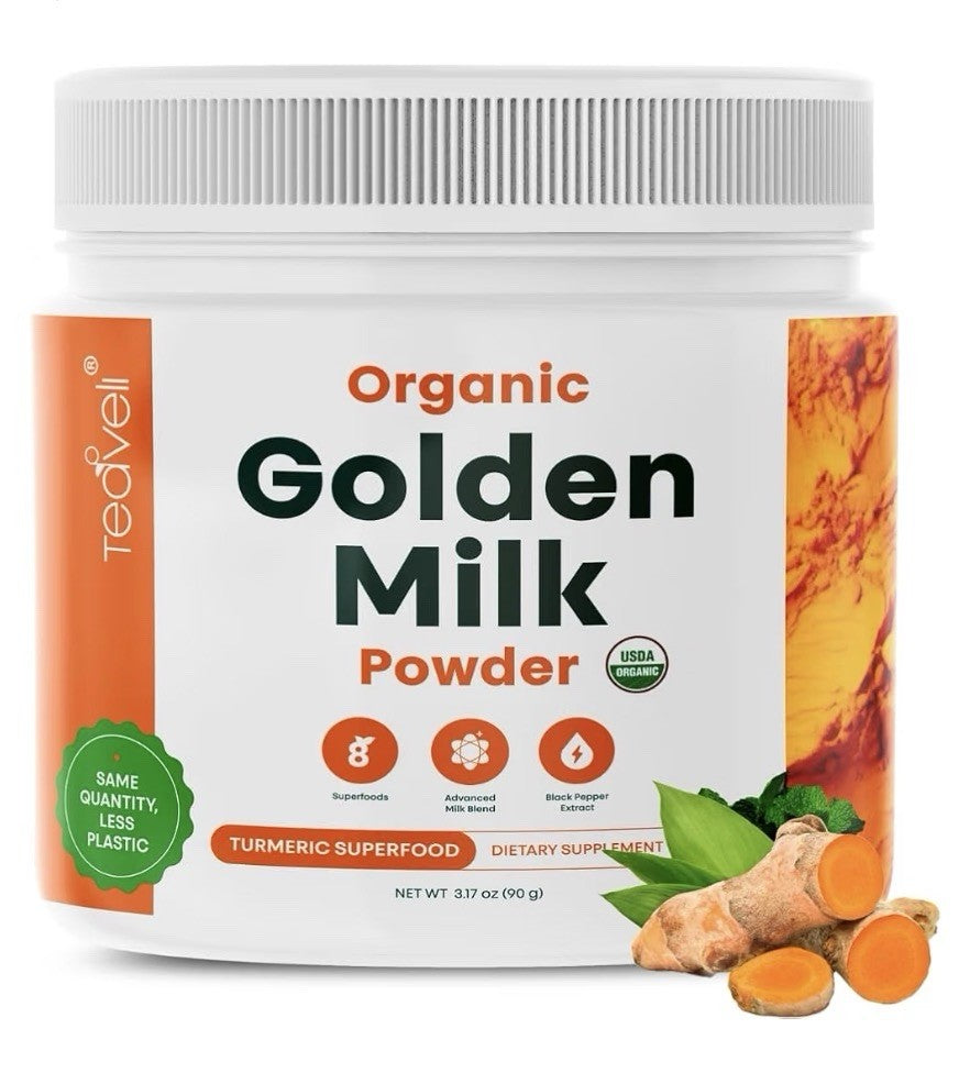 Teaveli Organic Golden Milk Powder with Turmeric Ginger Curcumin Tusli 3 Pack